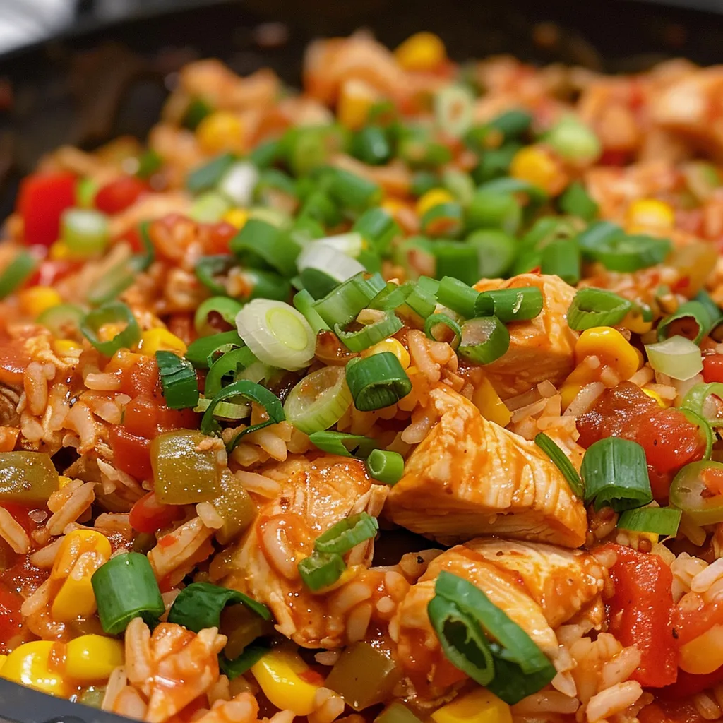 Side view of Chicken Taco Rice in a white bowl, garnished with green onions and vibrant bell peppers.