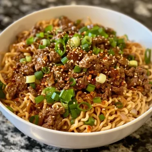 A close-up side view of a bowl of Chili Garlic Beef Noodles topped with green onions.
