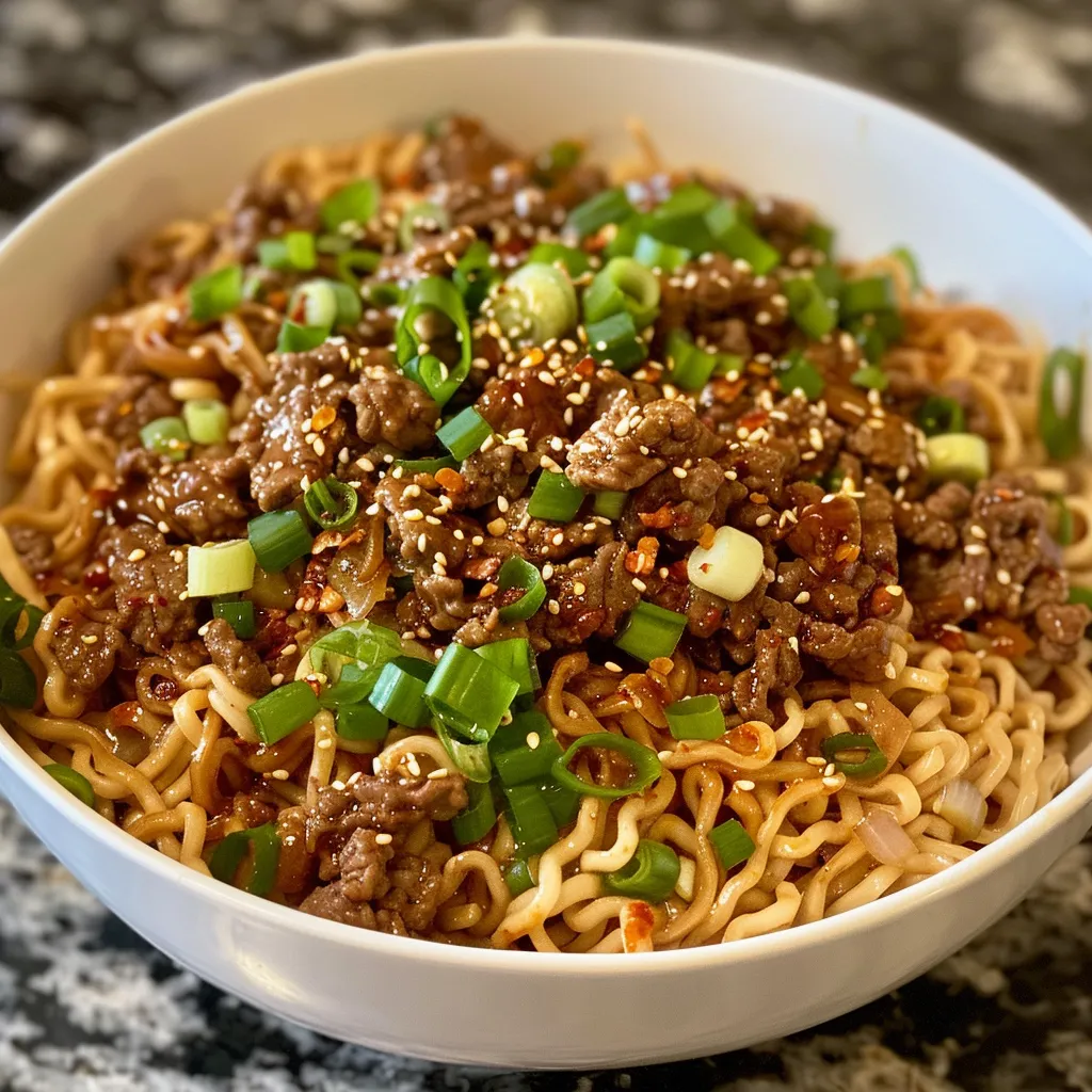 A close-up side view of a bowl of Chili Garlic Beef Noodles topped with green onions.
