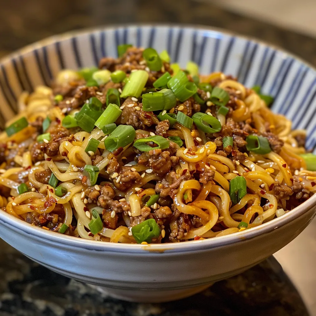 Juicy beef noodles with a rich sauce, garnished with sliced green onions in a vibrant bowl.
