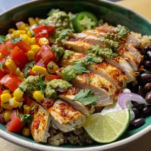 Close-up view of a colorful Chipotle Pesto Chicken Burrito Bowl featuring chicken, rice, beans, and fresh toppings.