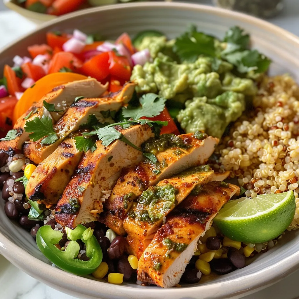 Side view of a delicious Chipotle Pesto Chicken Burrito Bowl filled with vibrant ingredients like chicken, vegetables, and herbs.
