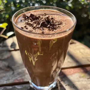 Close-up of a creamy chocolate banana smoothie in a glass with a straw.