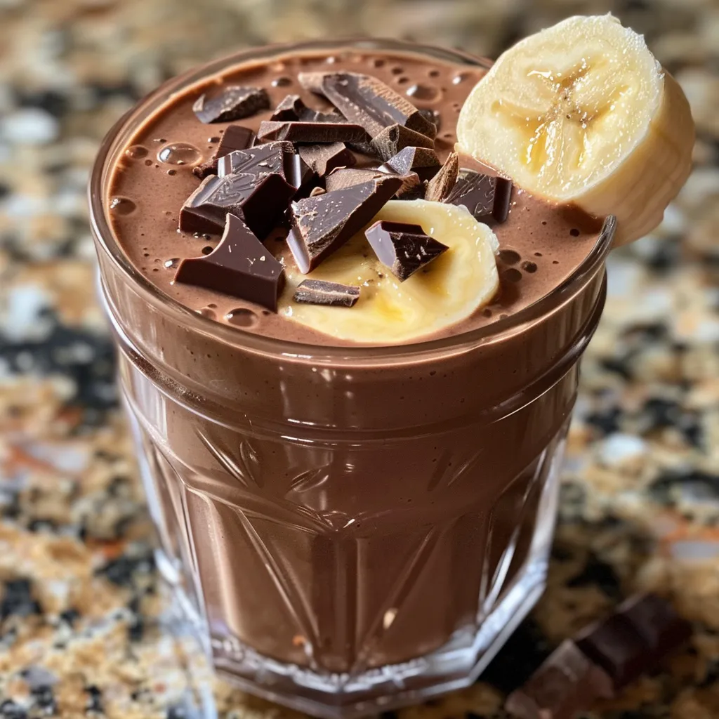 Side view of a delicious chocolate banana smoothie topped with a banana slice.