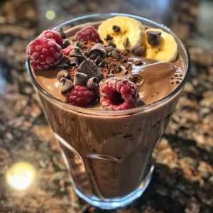 A close-up view of a chocolate berry smoothie in a glass with berries on top.