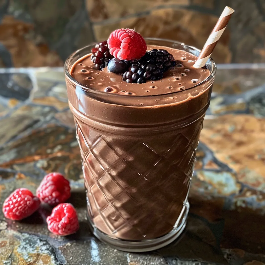 Side view of a creamy chocolate berry smoothie garnished with fresh berries.