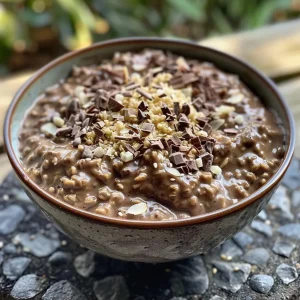 Close-up view of a bowl filled with chocolate coconut protein oatmeal topped with shredded coconut.