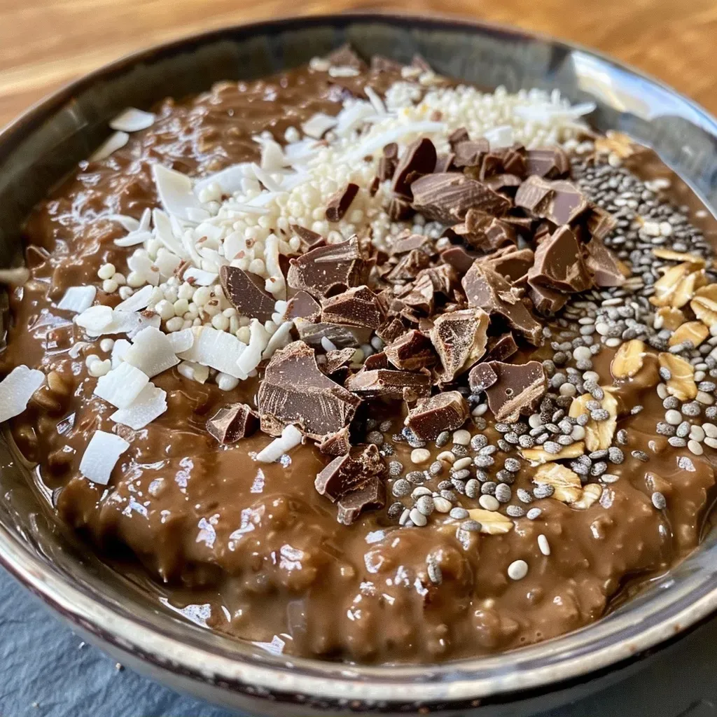 Side view of a creamy chocolate coconut oatmeal dish, featuring oats and coconut shavings.