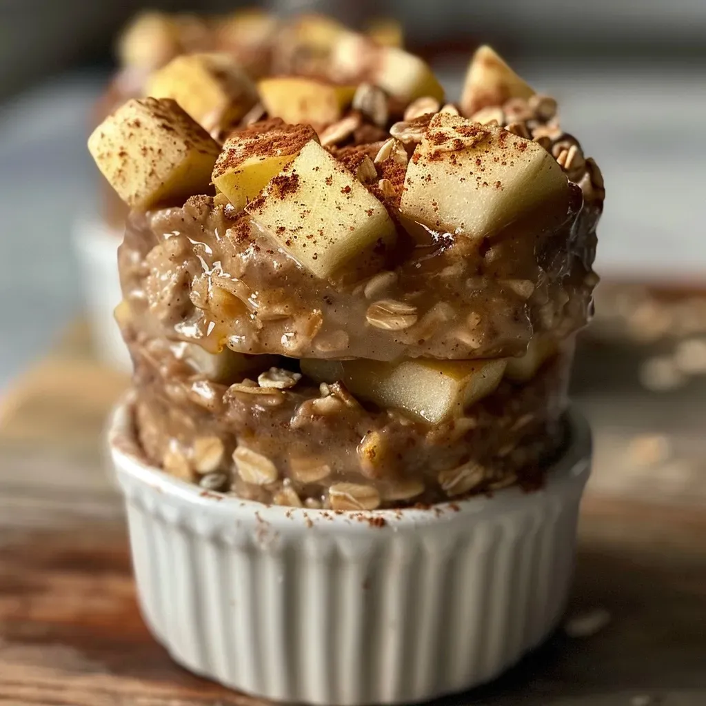 Delicious Cinnamon Apple Oatmeal Protein Cups stacked on a white plate, showcasing their texture.