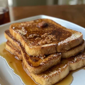Close-up of golden brown Cinnamon French Toast slices garnished with powdered sugar.