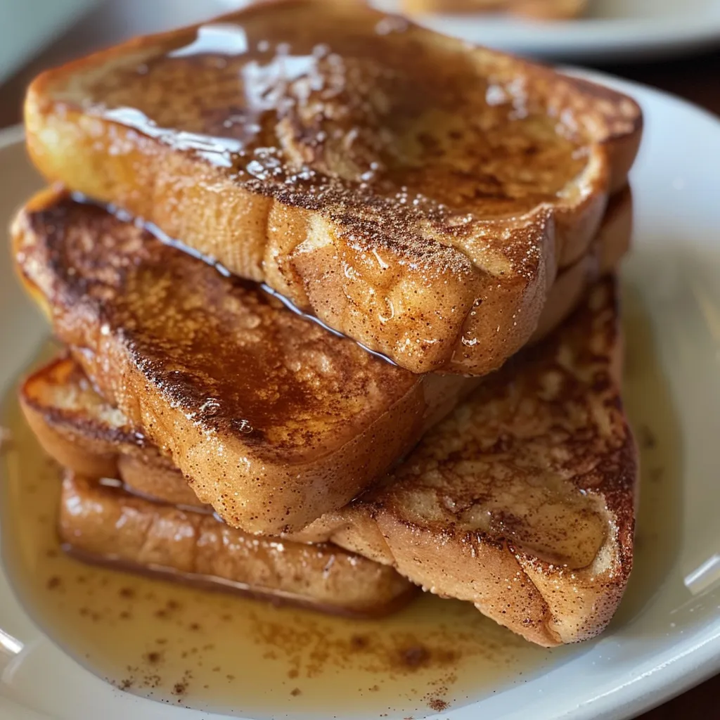 Side view of fluffy Cinnamon French Toast drizzled with syrup, displayed on a white plate.