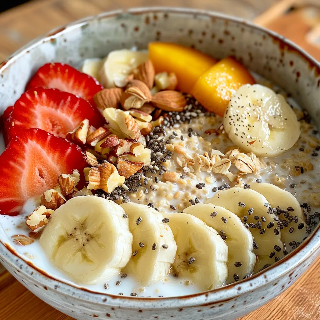 Side view of a jar filled with overnight oats topped with berries and bananas.