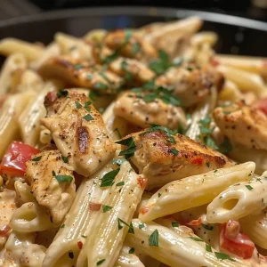 Close-up of creamy Cajun chicken pasta with colorful vegetables.