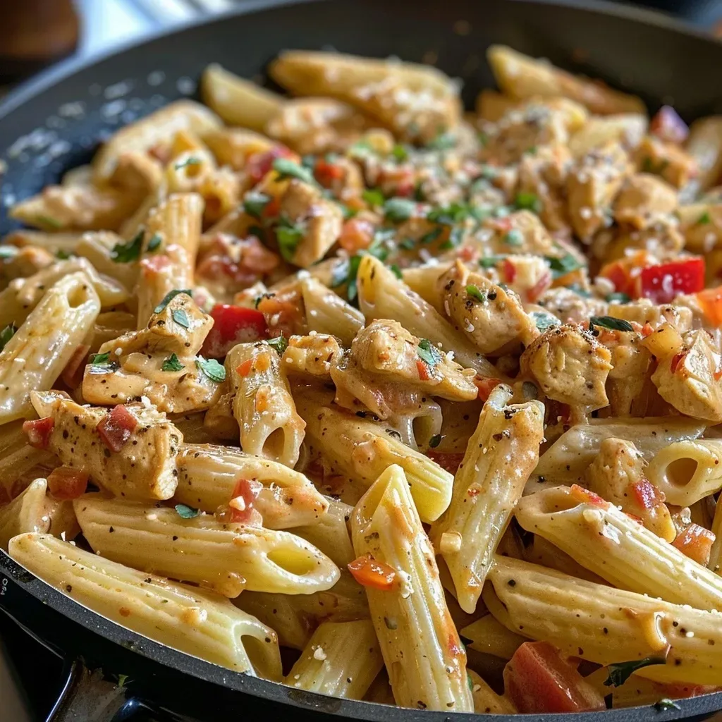 Side view of a rich and creamy bowl of Cajun chicken pasta.