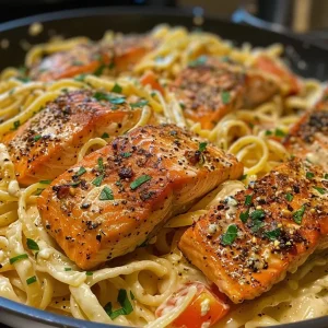 Close-up view of creamy Cajun salmon pasta with vibrant peppers and a sprinkle of parmesan.