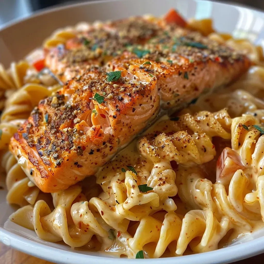 Side view of a plate of creamy Cajun salmon pasta, showcasing the salmon fillets and sauce texture.