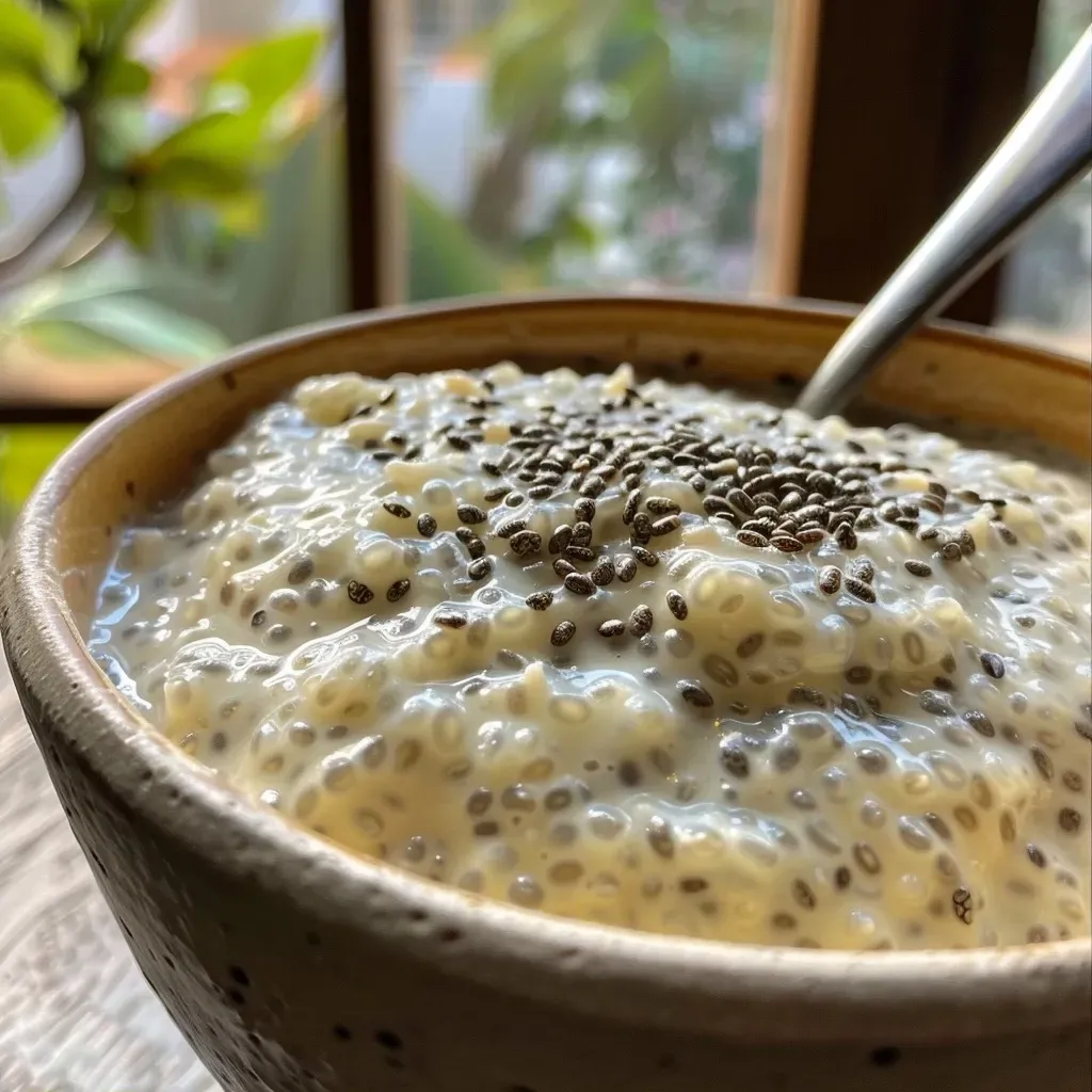 ['Close-up of a creamy coconut chia pudding topped with shredded coconut.', 'Side view of a delicious coconut chia pudding with a smooth texture, featuring chia seeds and coconut flakes.', 'Thick and creamy coconut chia pudding in a bowl, garnished with unsweetened coconut and a sprig of mint.', 'A vibrant serving of coconut chia pudding showcasing its creamy consistency and chia seed texture.']