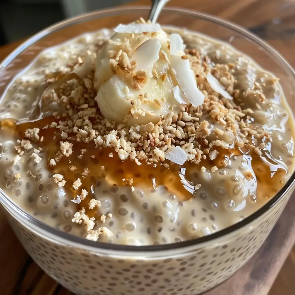 ['Close-up of a creamy coconut chia pudding topped with shredded coconut.', 'Side view of a delicious coconut chia pudding with a smooth texture, featuring chia seeds and coconut flakes.', 'Thick and creamy coconut chia pudding in a bowl, garnished with unsweetened coconut and a sprig of mint.', 'A vibrant serving of coconut chia pudding showcasing its creamy consistency and chia seed texture.']