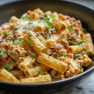 Close-up view of creamy pasta with ground turkey and red sauce.