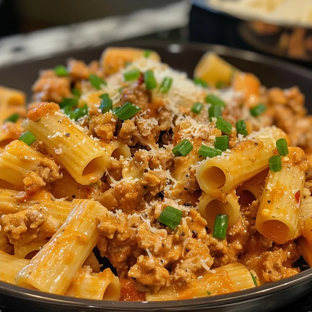 Side view of a bowl filled with creamy firecracker turkey pasta.