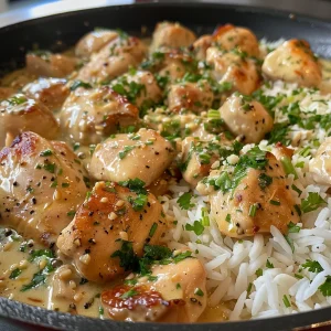 Close-up side view of a creamy garlic butter chicken and rice skillet with garnished parsley.