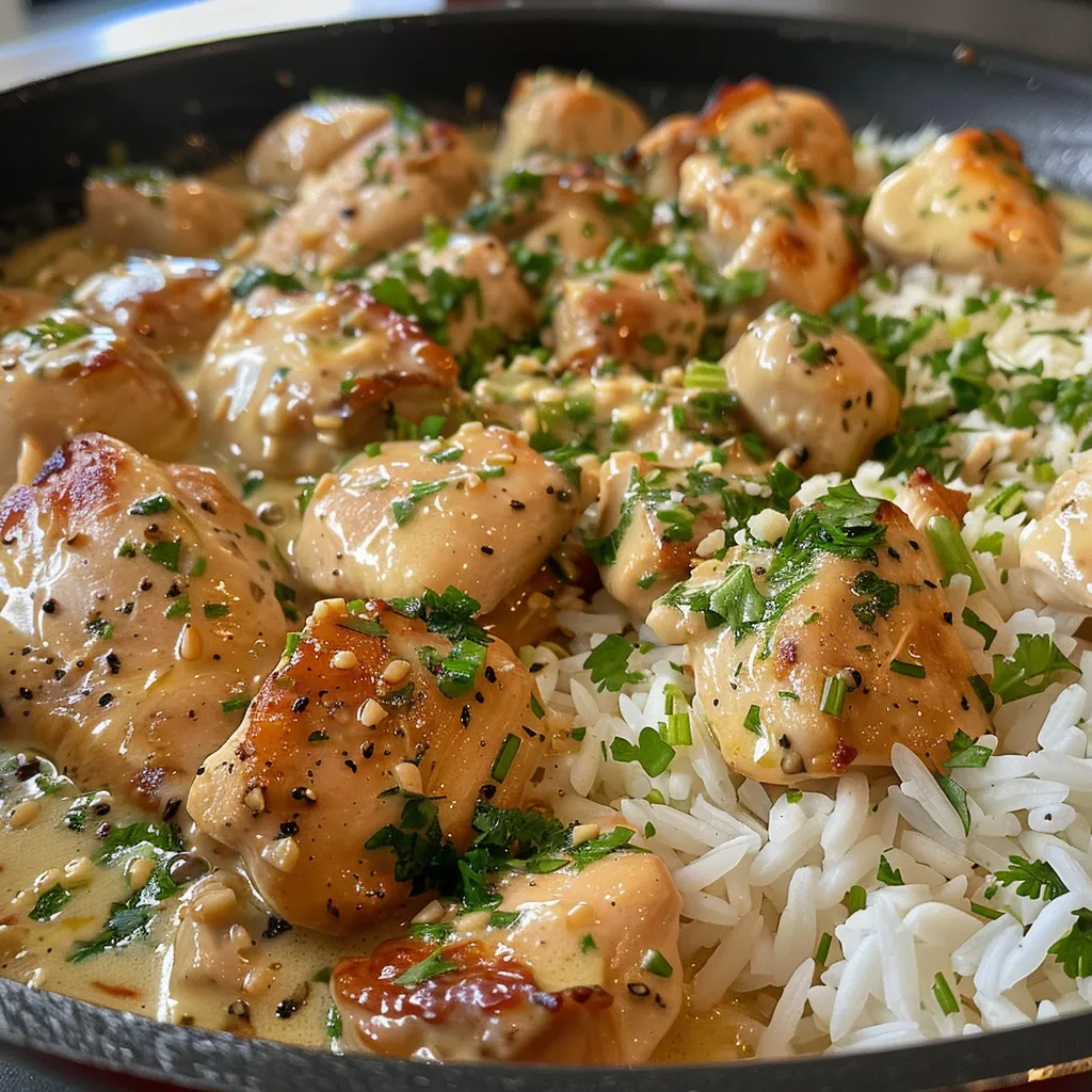 Close-up side view of a creamy garlic butter chicken and rice skillet with garnished parsley.