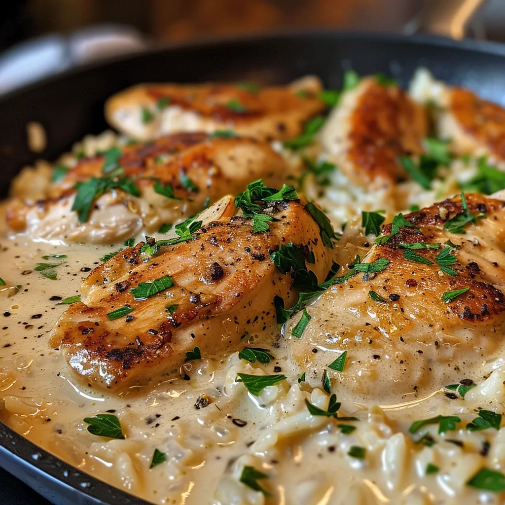 Juicy chicken pieces mixed with rice and creamy sauce in a skillet, featuring minced garlic.
