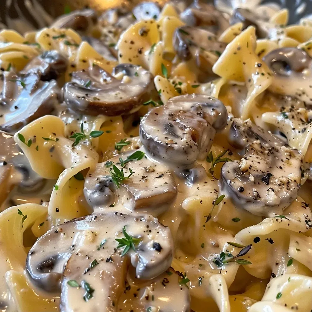 ['Close-up view of creamy garlic mushroom pasta with spinach and garlic cloves.', 'Delicious creamy pasta featuring sliced mushrooms and fresh herbs, plated beautifully.', 'Side view of pasta dish, showcasing creamy sauce and fresh baby spinach.', 'Appetizing creamy garlic mushroom pasta with onions, garnished with thyme.']