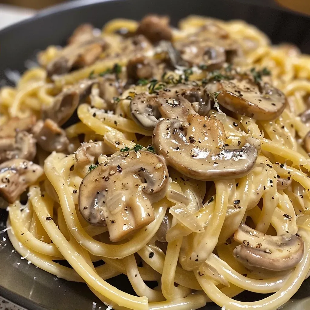 ['Close-up view of creamy garlic mushroom pasta with spinach and garlic cloves.', 'Delicious creamy pasta featuring sliced mushrooms and fresh herbs, plated beautifully.', 'Side view of pasta dish, showcasing creamy sauce and fresh baby spinach.', 'Appetizing creamy garlic mushroom pasta with onions, garnished with thyme.']