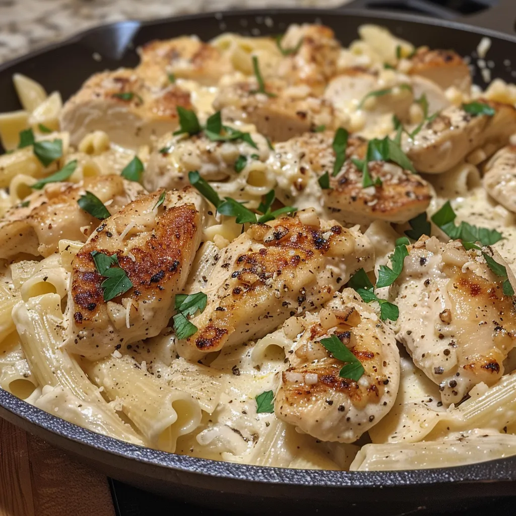 A close-up view of creamy garlic Parmesan chicken and pasta served in a white bowl.