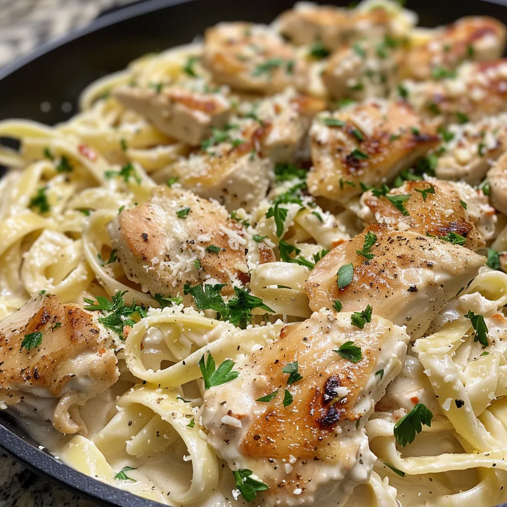 Juicy pieces of chicken and pasta coated in creamy sauce, garnished with parsley.