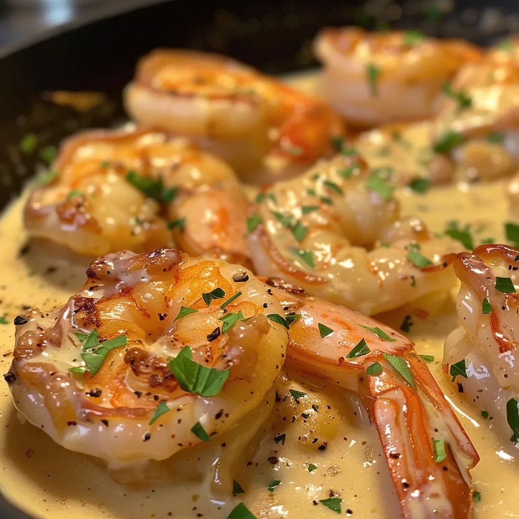 Close-up of creamy garlic shrimp in a skillet, showcasing juicy shrimp and a rich sauce.