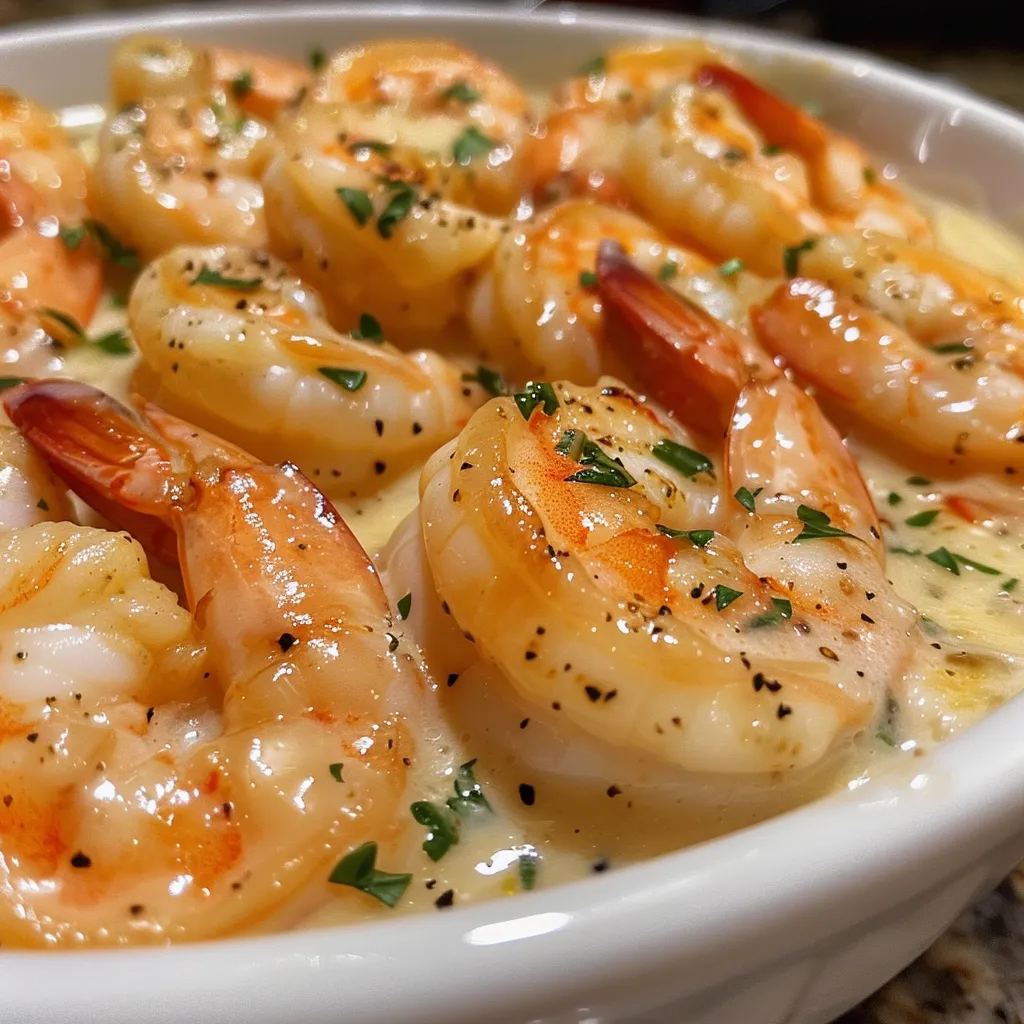 Side view of a skillet filled with creamy garlic shrimp, highlighting the texture and ingredients.
