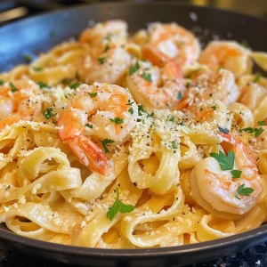 Close-up view of creamy lemon shrimp pasta with fettuccine, garnished with parsley.