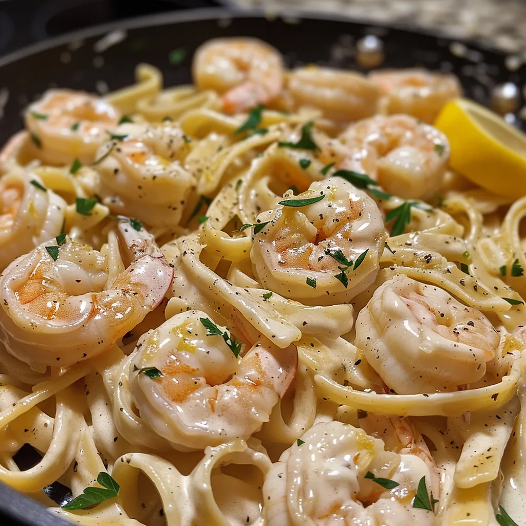 Juicy shrimp and fettuccine in a creamy lemon sauce, beautifully plated.