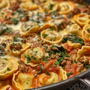 Close-up view of creamy spinach tomato tortellini with vibrant colors and textures.