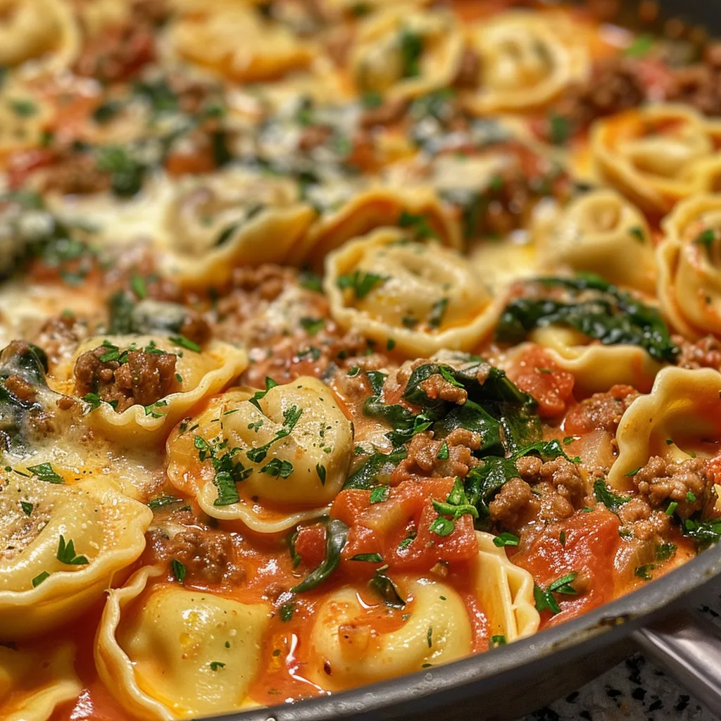 Close-up view of creamy spinach tomato tortellini with vibrant colors and textures.