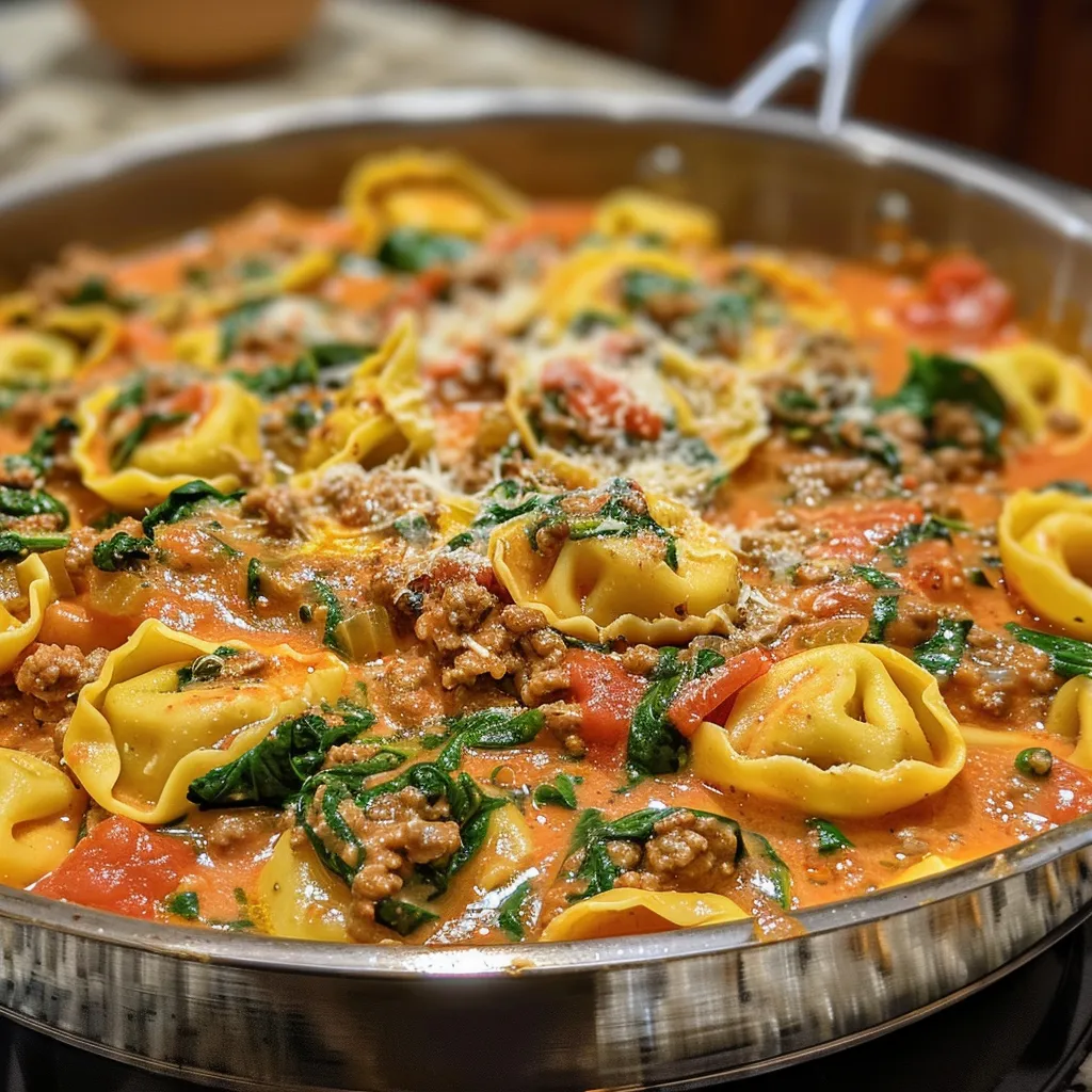 A side view of delicious tortellini dish featuring spinach and tomatoes, glistening with cream.