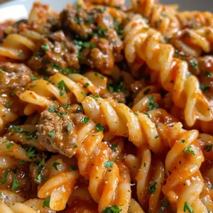 A close-up side view of creamy tomato beef pasta, garnished with parsley.
