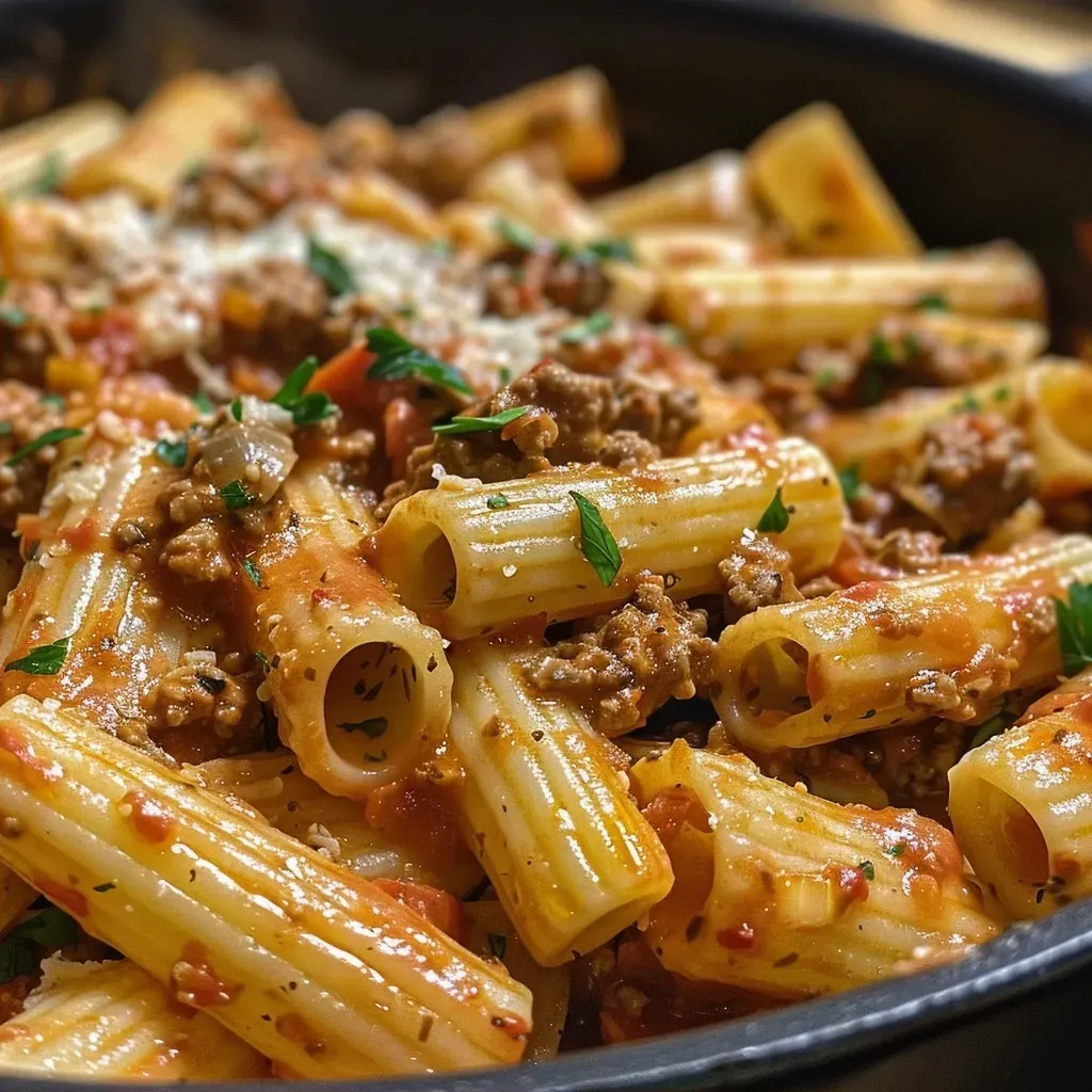 Juicy, creamy tomato beef pasta in a bowl, showcasing the rich sauce and ingredients.