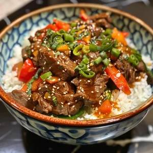 Close-up view of crispy chilli beef served with jasmine rice, garnished with coriander and sesame seeds.