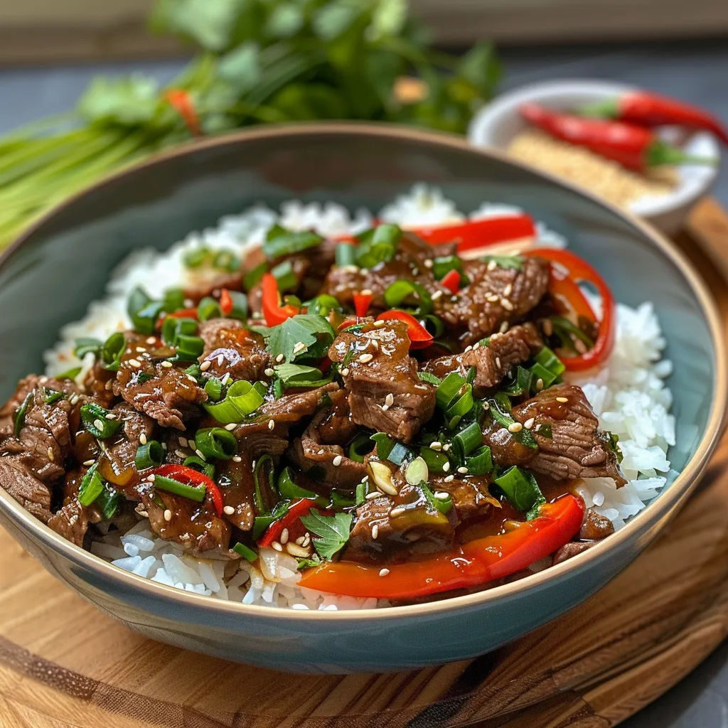 Side view of a plate featuring crispy chilli beef and fluffy jasmine rice, with colorful vegetables.