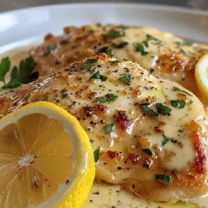 ['Juicy creamy lemon chicken garnished with parsley and lemon slices on a plate.', 'Close-up of a succulent chicken breast in creamy lemon sauce, showcasing garnishes.', 'A side view of lemon chicken with a rich cream sauce, sprinkled with fresh parsley.', 'Creamy lemon chicken displayed with vibrant lemon slices and a sprinkle of herbs.']