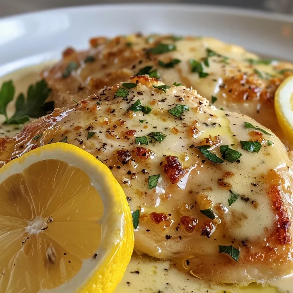 ['Juicy creamy lemon chicken garnished with parsley and lemon slices on a plate.', 'Close-up of a succulent chicken breast in creamy lemon sauce, showcasing garnishes.', 'A side view of lemon chicken with a rich cream sauce, sprinkled with fresh parsley.', 'Creamy lemon chicken displayed with vibrant lemon slices and a sprinkle of herbs.']