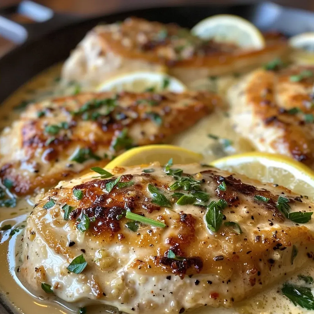 ['Juicy creamy lemon chicken garnished with parsley and lemon slices on a plate.', 'Close-up of a succulent chicken breast in creamy lemon sauce, showcasing garnishes.', 'A side view of lemon chicken with a rich cream sauce, sprinkled with fresh parsley.', 'Creamy lemon chicken displayed with vibrant lemon slices and a sprinkle of herbs.']