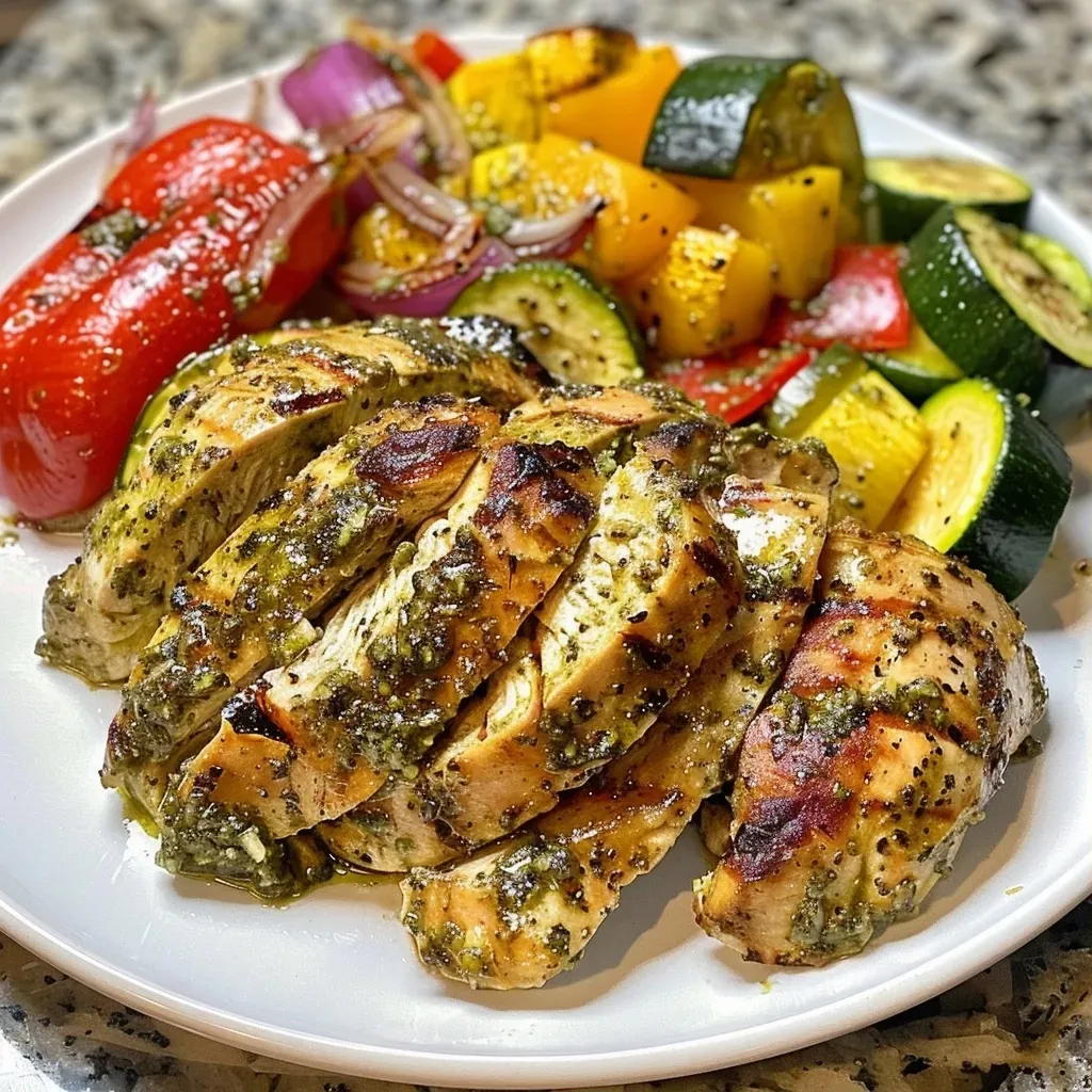 Close-up view of Easy Pesto Chicken surrounded by colorful vegetables.