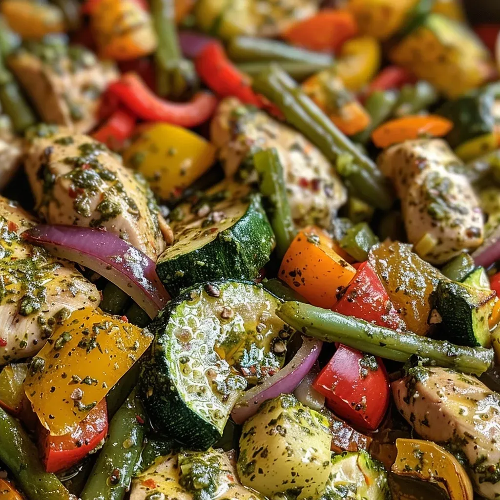 Juicy chicken breast topped with pesto, peppers, zucchini, and green beans.