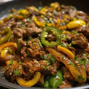 Close-up view of juicy Easy Sweet Jalapeno Beef, showcasing glistening pieces and vibrant jalapeno slices.