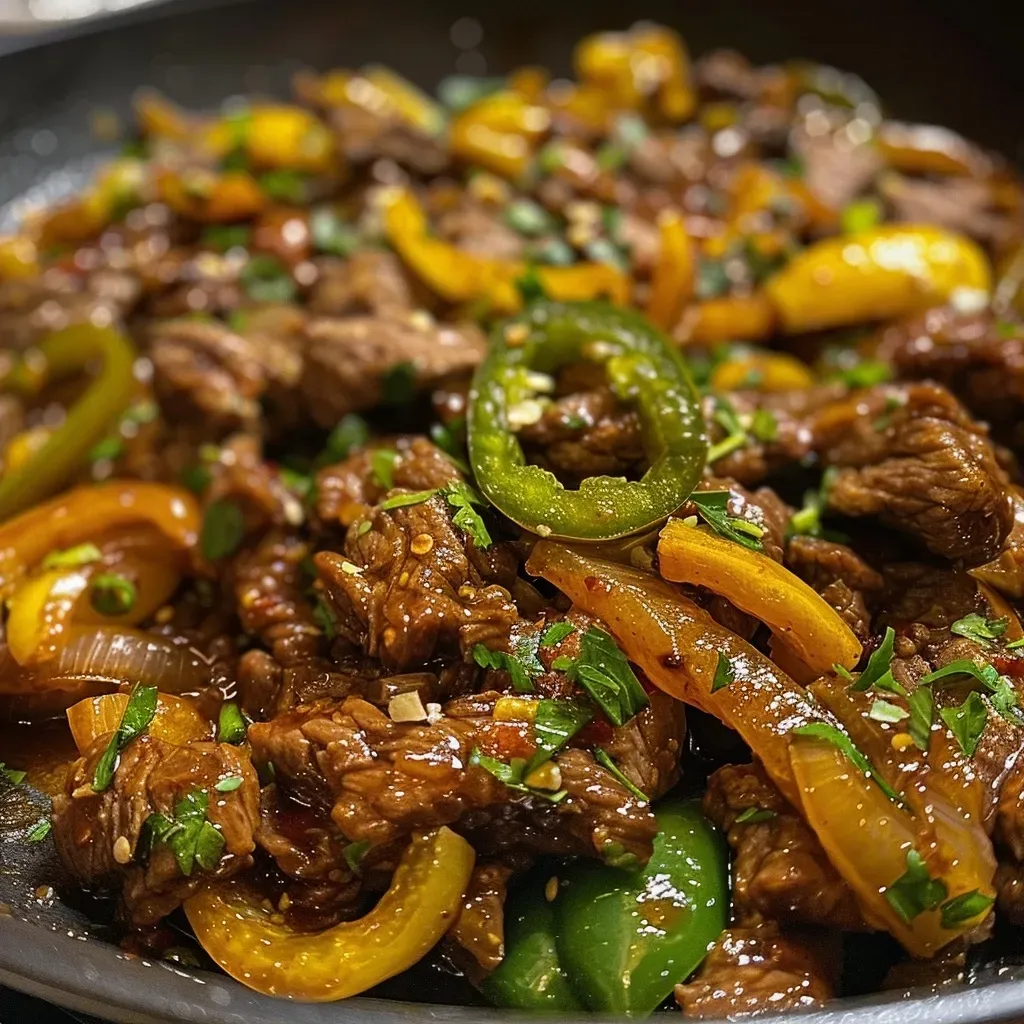 Close-up view of juicy Easy Sweet Jalapeno Beef, showcasing glistening pieces and vibrant jalapeno slices.
