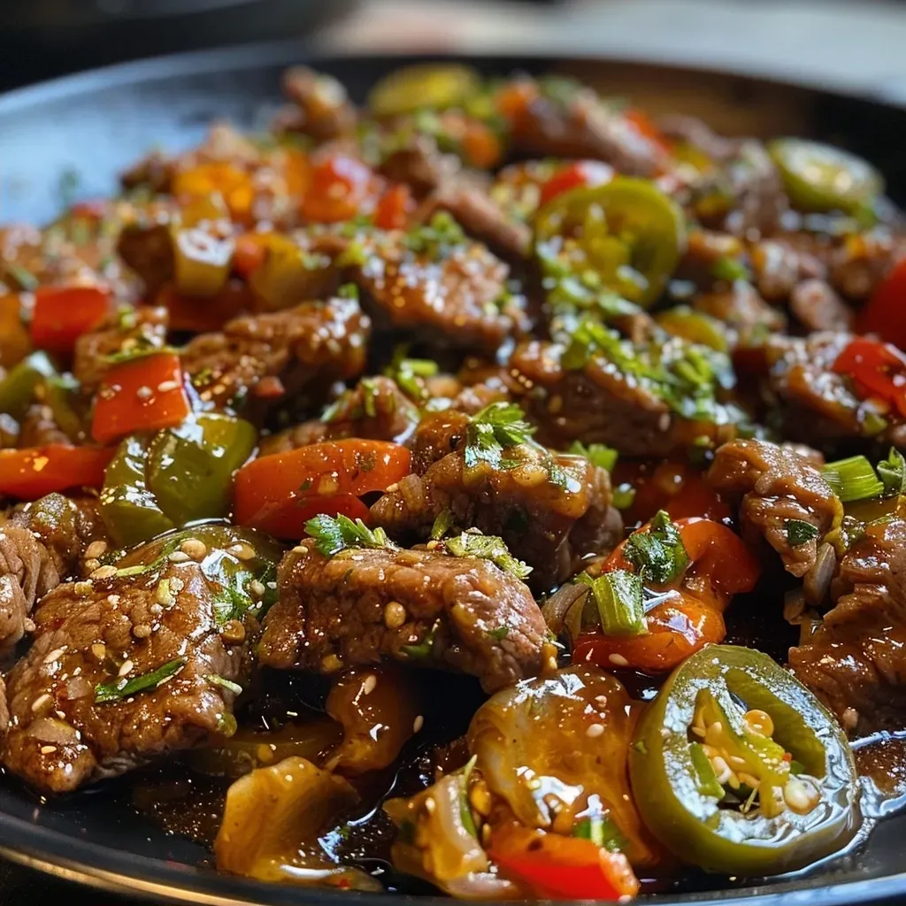 Side view of tender beef coated in a sweet glaze, with bright green jalapenos enhancing the dish.